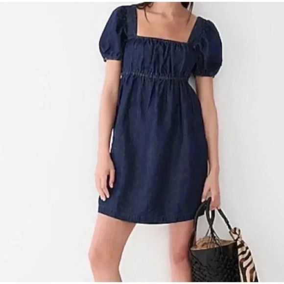 J.Crew Dark Denim Square Neck Short Puff Sleeve Chambray Above Knee Dress Sz 24 - Picture 1 of 8